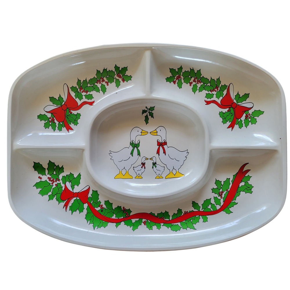 Vtg 1980s Christmas Country Geese Family Divided Serving Tray  Plastic Platter